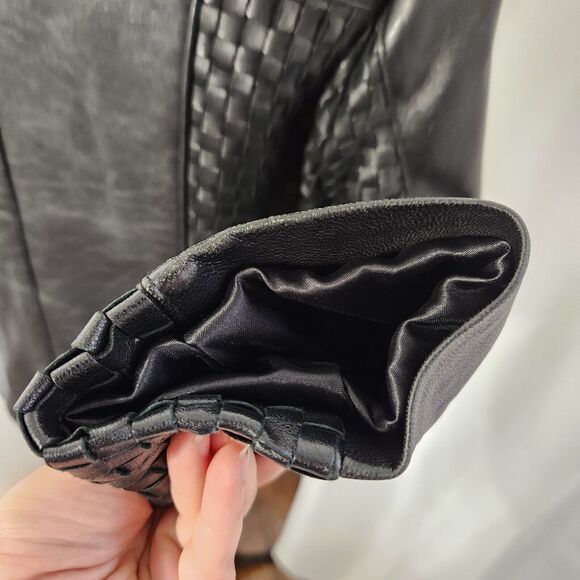 Kasper Vintage Womens Large Black 90s Genuine Leather Jacket Waffle Woven Moto - Picture 8 of 11